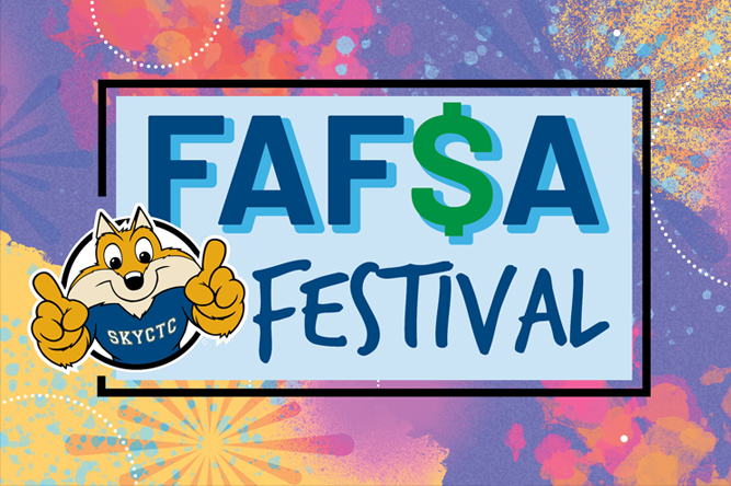 Pathfinder mascot pointing fingers with words FAFSA Festival on festive backgrround