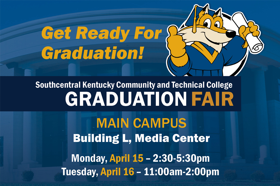 Pathfinder with cap and gown and words: get ready for graduation t the graduation fair main campus building L