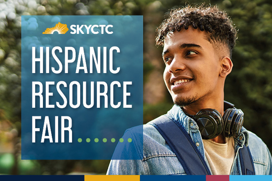 male standing with word Hispanic Resource Fair