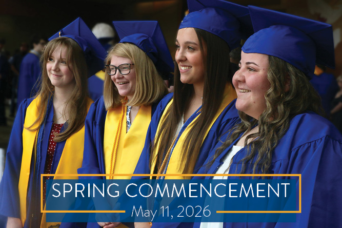four female graduates in cap and gown with words spring commencement May 2026