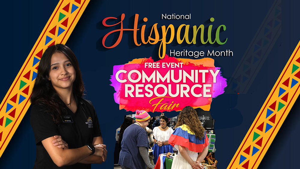 girl standing with arms folded with words National Hispanic Heritage Month free community resource fair