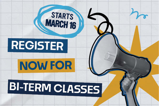 Image of a megaphone with words: registr now for secon bitrm classes beginning March 16.